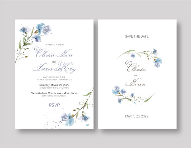 свадебное приглашение в акварельной технике с голубыми цветами. - blue bauble stock illustrations