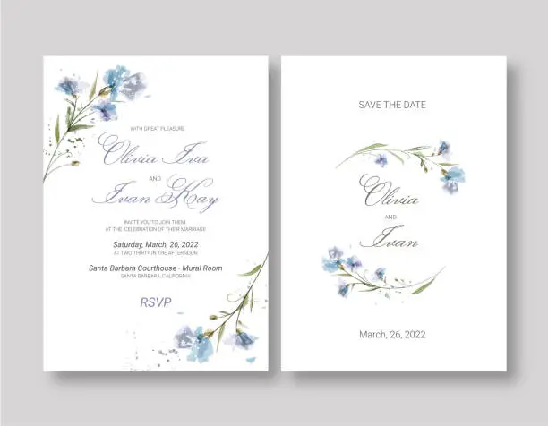Vector illustration of Wedding invitation in watercolor technique with blue flowers.
