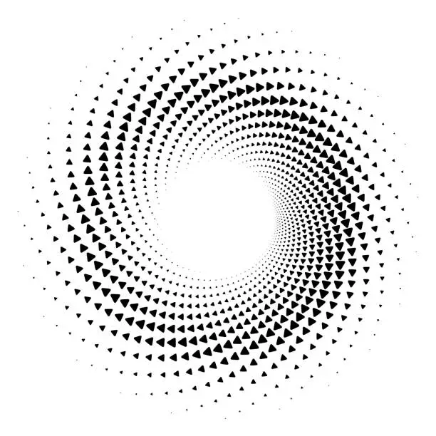 Vector illustration of Expanding swirl pattern of rounded triangles pointing in spiral direction, on white