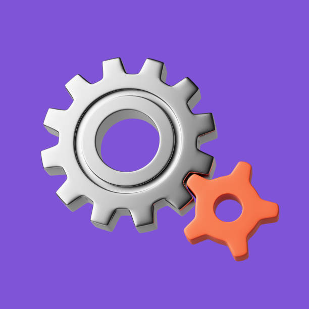 Simple metal gearwheels like settings 3D render illustration. Isolated object on violet background.