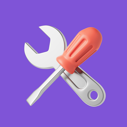 Simple repair icon with wrench and turn-screw 3D render illustration. Isolated object on violet background.