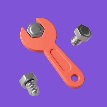 Simple yellow wrench tightens the nut and with the nuts around 3D render illustration. Isolated object on violet background.