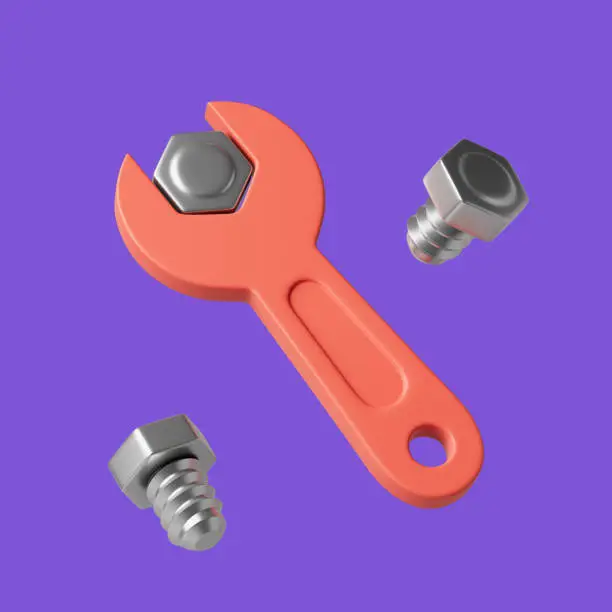 Simple yellow wrench tightens the nut and with the nuts around 3D render illustration. Isolated object on violet background.