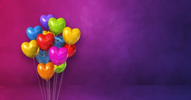 Colorful heart shape balloons bunch on a purple wall background. Horizontal banner. 3D illustration render