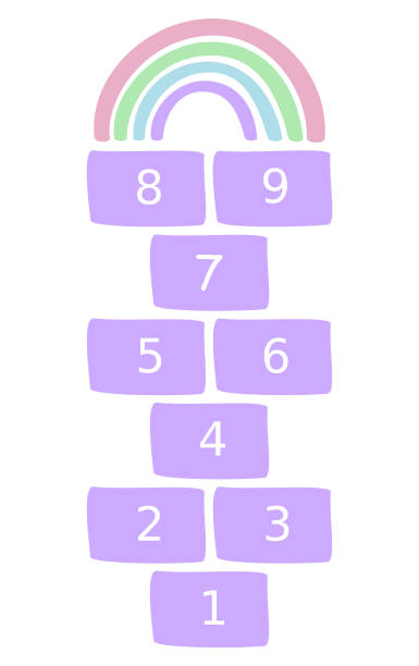 Hopscotch game with a rainbow Hopscotch game with a rainbow on the top. Learning numbers. hopscotch stock illustrations