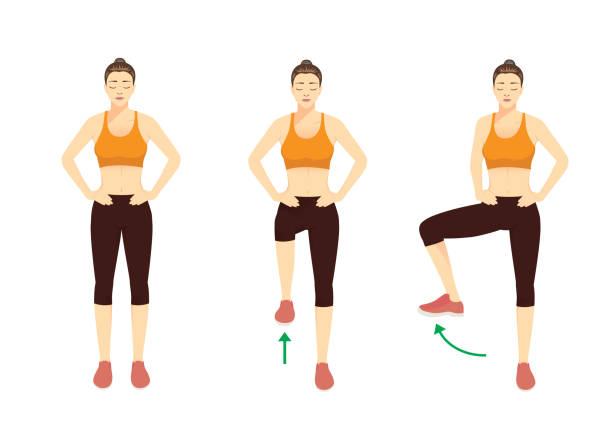 illustrazioni stock, clip art, cartoni animati e icone di tendenza di donne sportive che fanno esercizio con la postura rotazione dell'anca a gamba singola. - exercising sport cartoon male