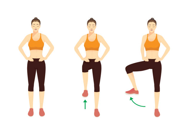 kobiety sportowe wykonujące ćwiczenia z pojedynczą nogą biodro postawa obrotowa. - biodro stock illustrations