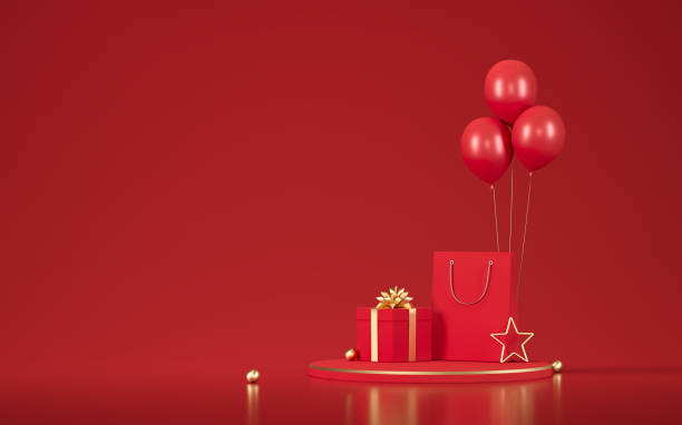 istock Luxury red podium for branding and packaging presentation. Product display with gift boxes, shopping bags and balloons. Christmas showcase. Birthday mockup. Valentines day. 3d illustration. 3d render. 1359962063