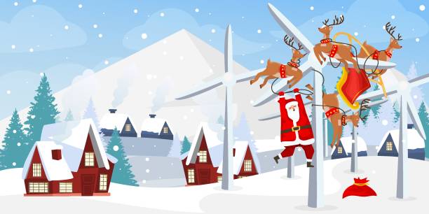 ilustrações de stock, clip art, desenhos animados e ícones de humoristic christmas postcard. santa claus with his deers got lost in the windmill. - man energy turbine
