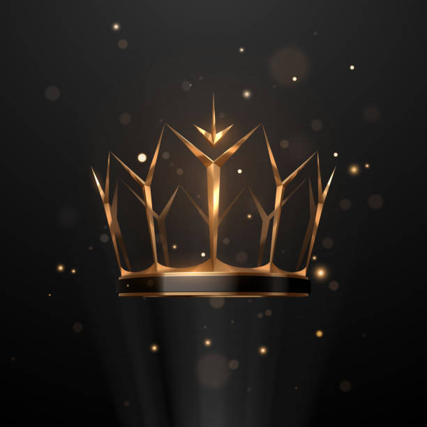 ilustraciones, imágenes clip art, dibujos animados e iconos de stock de corona dorada sobre fondo negro con efecto de luz - crown king queen gold