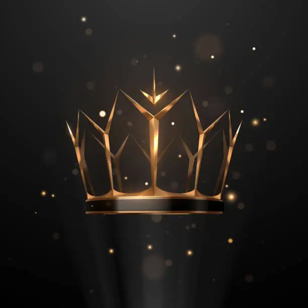 Vector illustration of Golden crown on black background with light effect