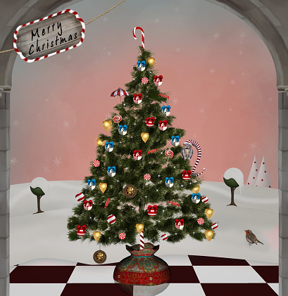 Surreal christmas tree and a winter scenery view from the doorway – 3D render