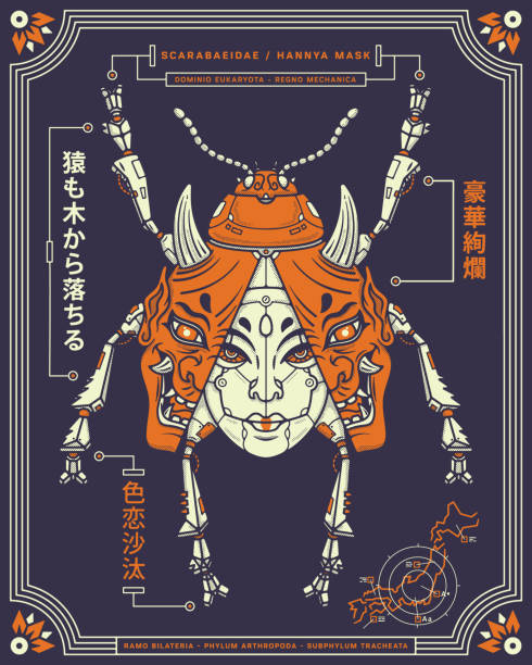 Hannya mask and mechanical beetle Hannya mask and mechanical beetle is a vector illustration. On the left we have a Japanese proverb "even monkeys fall from trees". On the bottom left we have "romantic affair" and on the right "luxurious and gorgeous". hannya stock illustrations