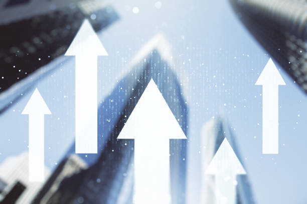 istock Virtual upward arrows illustration on office buildings background. Breakthrough and progress concept. Multiexposure 1359965316