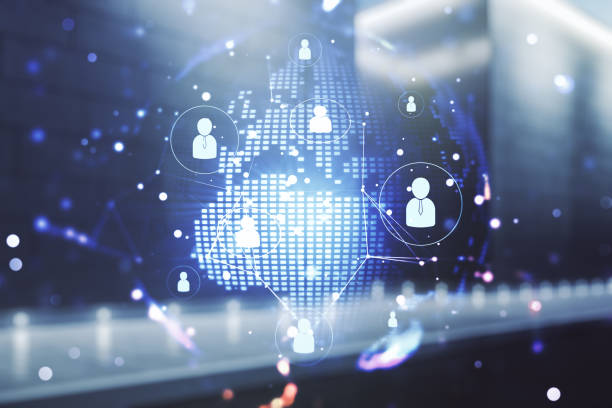 istock Virtual social network hologram and world map on blurry modern office building background. Multiexposure 1359965380
