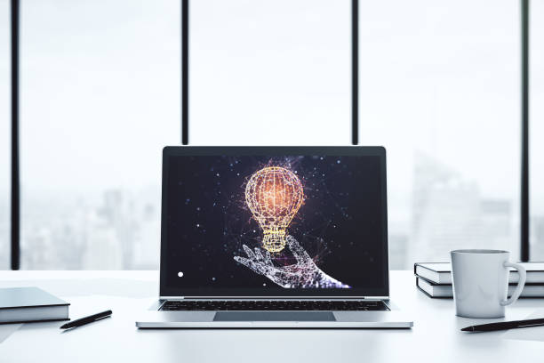istock Creative light bulb illustration on modern computer monitor, future technology concept. 3D Rendering 1359965412