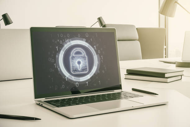 istock Creative idea concept with lock symbol and microcircuit illustration on modern laptop screen. Protection and firewall concept. 3D Rendering 1359965432