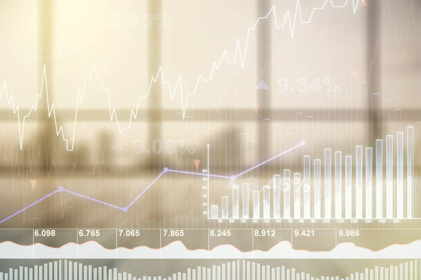 istock Abstract virtual financial graph hologram on modern interior background, financial and trading concept. Multiexposure 1359965440
