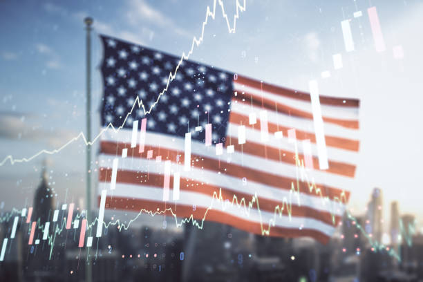 istock Multi exposure of virtual abstract financial graph interface on US flag and skyline background, financial and trading concept 1359965463