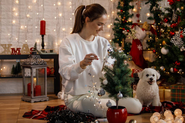 istock Woman decorating a small Christmas tree for her cute dog 1359967108