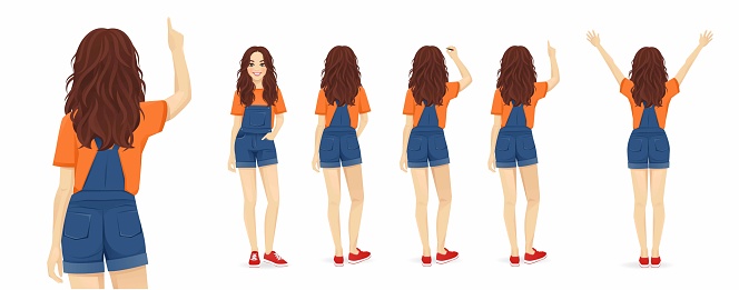 Back view of standing young beautiful brunette woman set. Rear view of girl isolated vector illustration