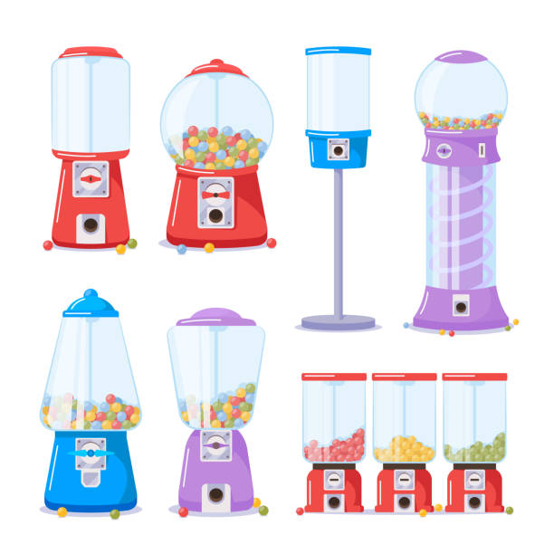 Set Gumball Machines, Dispenser with Bubble Gums Isolated on White Background. Full and Empty Vending Machines Set Gumball Machines, Dispenser with Bubble Gums Isolated on White Background. Full and Empty Vending Machines with Clear Container Contain Round Chewing Candies or Sweets. Cartoon Vector Illustration gumball machine stock illustrations