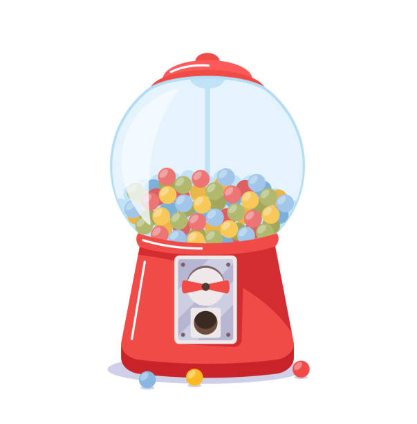 roter kaugummiautomat mit transparentem rundem glas und münzschlitz, süßigkeitenspender mit buntem regenbogen-kaugummi - kaugummiautomat stock-grafiken, -clipart, -cartoons und -symbole