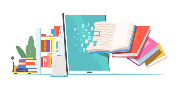 Books Digitization Concept. Textbook Pages and Written Information Converting into Digital Version on Table Pc Screen Books Digitization Concept. Textbook Paper Pages and Written Information Converting into Digital Version on Table Pc Screen, Library with Shelves, Modern Technologies. Cartoon Vector Illustration e reader stock illustrations