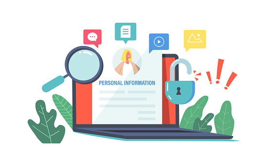 Doxxing Concept with Personal Data Information Search, Pc Computer and Magnifying Glass. Online Information Hacking and Exploit or Dissemination Results. Cartoon Vector Illustration