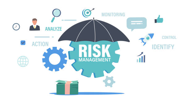 ilustrações, clipart, desenhos animados e ícones de conceito de negócio de gerenciamento de riscos com cogwheel sob umbrella, money bills e ícones em torno de lupa, gráfico e foguete - risk management
