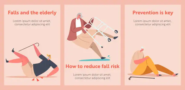 Vector illustration of Senior Male Female Character Falling Cartoon Banners, Old People Stumble, Fall Down on the Ground due to Slippery Road