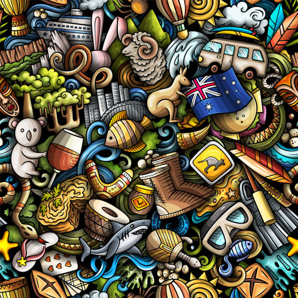 漫画はオーストラリアのシームレスなパターンを落書き。 - koala australian culture cartoon animal点のイラスト素材／クリップアート素材／マンガ素材／アイコン素材