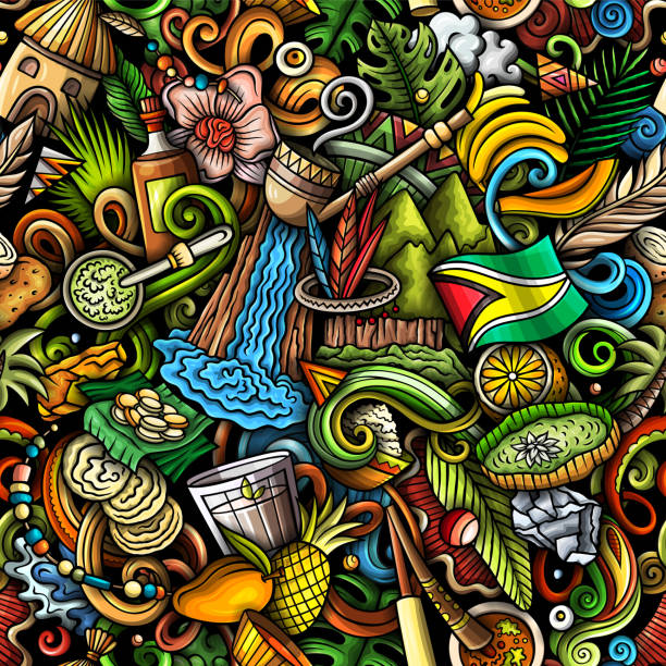 ilustrações de stock, clip art, desenhos animados e ícones de cartoon doodles guyana seamless pattern. - waterfall cartoon tropical rainforest vector