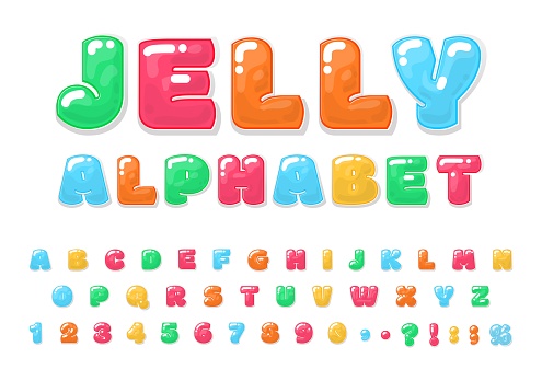 Jelly cartoon alphabet. Color letter 3d, kids tasty numbers. Delicious bubble gum text, fun candy typography elements childish decent vector collection on white