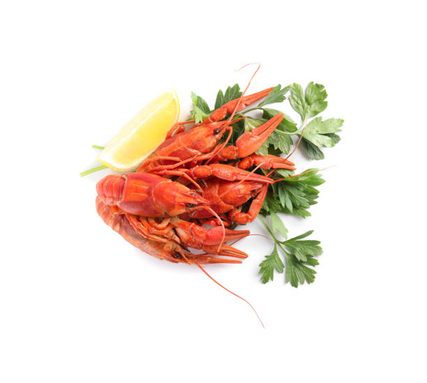 istock Delicious boiled crayfishes with lemon and parsley isolated on white, top view 1359973885