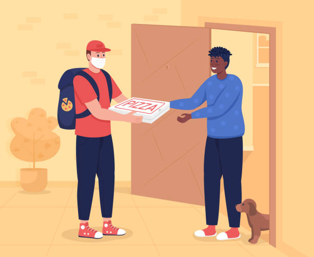 безопасная доставка пиццы до двери плоского цвета векторная иллюстрация - pizza pizza box cartoon take out food stock illustrations