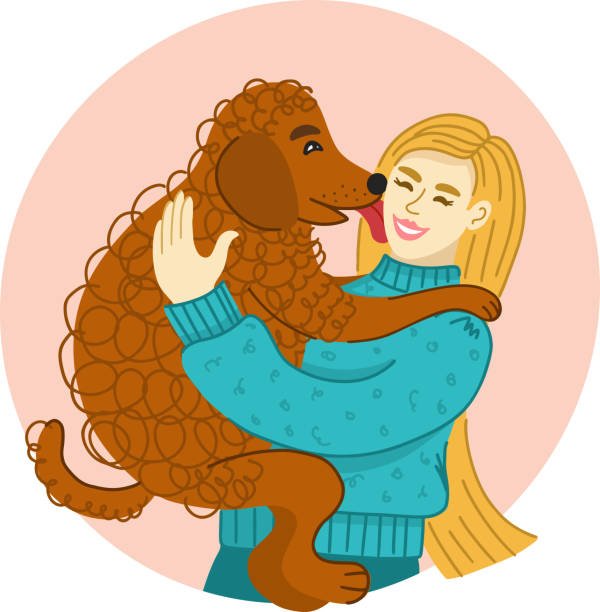 dziewczyna z długimi włosami przytula swojego psa. człowiek i pies są przyjaciółmi. pies liże właściciela. zabawna wektorowa płaska ilustracja - humor pets loving vertical stock illustrations