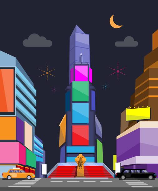 ilustraciones, imágenes clip art, dibujos animados e iconos de stock de new york time squre con pantalla de anuncios coloridos en el edificio por la noche ilustración cartoon vector - times square