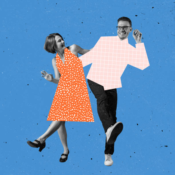 Young couple of dancers dressed in 70s, 80s fashion style dancing rock-and-roll on blue background with drawings. Cheerful couple of dancers dressed in 70s, 80s fashion style dancing rock-and-roll on blue background with drawings. Contemporary art collage. Minimalism. Art, beauty, fashion, music. Magazine style pop art photos stock pictures, royalty-free photos & images