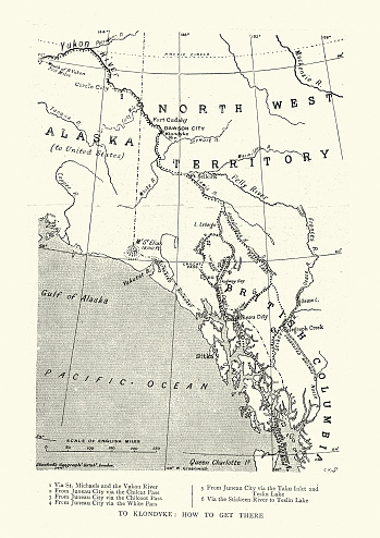 Vinatge map show how to get to the Klondike during the Gold Rush, 1899. The Klondike Gold Rush was a migration by an estimated 100,000 prospectors to the Klondike region of Yukon, in north-western Canada, between 1896 and 1899.