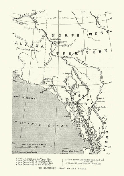 Vinatge map show how to get to the Klondike during the Gold Rush, 1899 Vinatge map show how to get to the Klondike during the Gold Rush, 1899. The Klondike Gold Rush was a migration by an estimated 100,000 prospectors to the Klondike region of Yukon, in north-western Canada, between 1896 and 1899. alaska gold rush stock illustrations