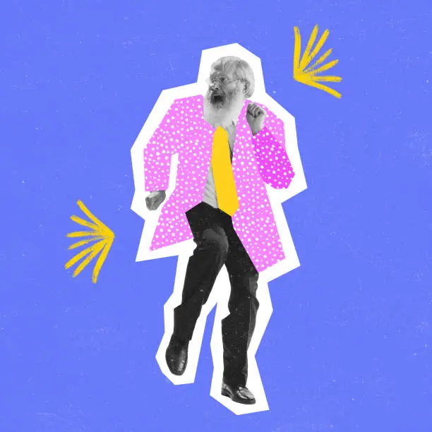 Unstoppable. Stylish old man, hipster dressed in 70s, 80s fashion style dancing rock-and-roll on bright background with drawings. Contemporary art collage. Art, fashion and music. Magazine style