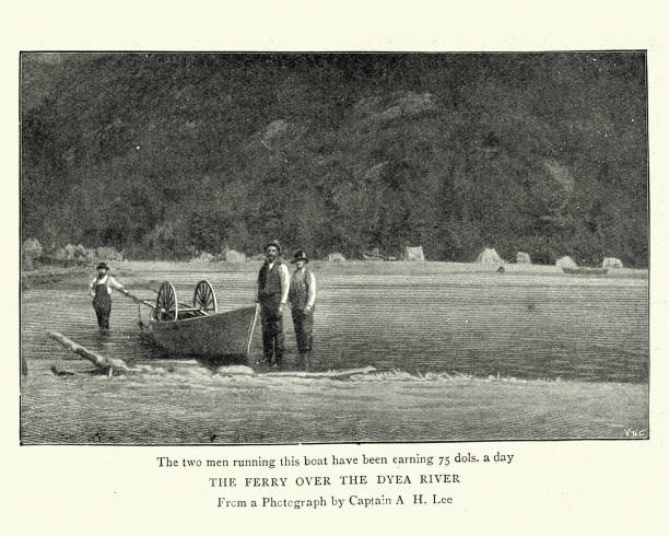 ilustrações, clipart, desenhos animados e ícones de ferry sobre o rio dyea, durante a corrida do ouro klondike, 1890 - klondike river