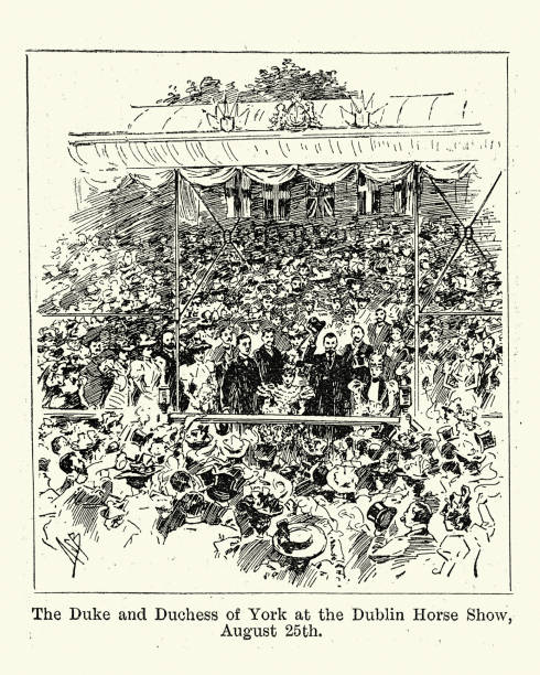 ilustraciones, imágenes clip art, dibujos animados e iconos de stock de duque y duquesa de york, más tarde jorge v, y maría de teck, en el espectáculo ecuestre de dublín, 25 de agosto de 1897 - jorge v del reino unido ilustraciones