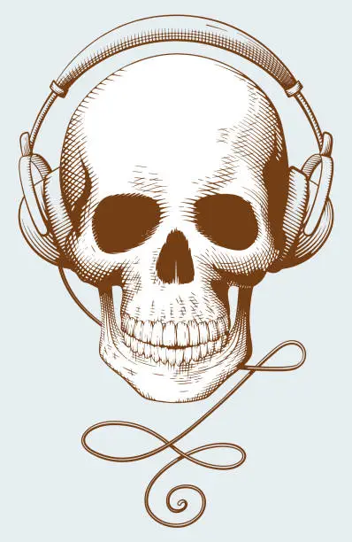 Vector illustration of Human skull with headphones. Antique decorative element In the style of engraving.