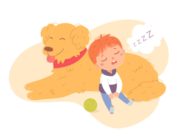 ilustrações de stock, clip art, desenhos animados e ícones de funny boy sleeping with dog on lazy nap time vector, child falling asleep in cute pose - cair no sofá