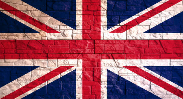 ilustrações de stock, clip art, desenhos animados e ícones de united kingdom of great britain flag with gray stone wall tiles texture. texture of old poster back with british flag. web banner template for industrial design. vector - british flag flag old fashioned retro revival