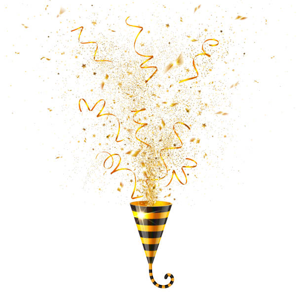 Explosion of Stylized Tiger Colored Party Popper with Gold Confetti explosion of stylized tiger colored party popper with golden confetti party popper stock illustrations