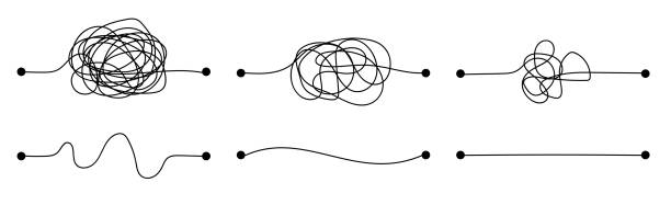 illustrations, cliparts, dessins animés et icônes de méthode simple et complexe du début à la fin, chemin d’un point a à un point b avec filetage noir - tangled rope tied knot backgrounds