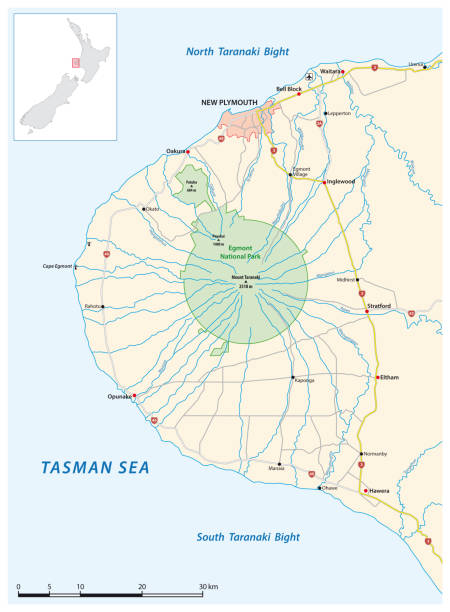 ilustrações de stock, clip art, desenhos animados e ícones de road map of the taranaki peninsula, new zealand - dormant volcano illustrations